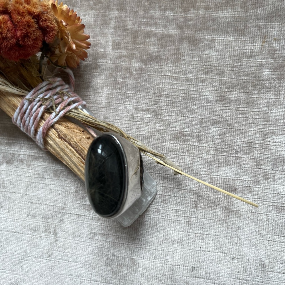 PIANEGONDA Sterling Silver Black Cabochon Rutilated Quartz Cocktail Ring Size 7 - Picture 3 of 9